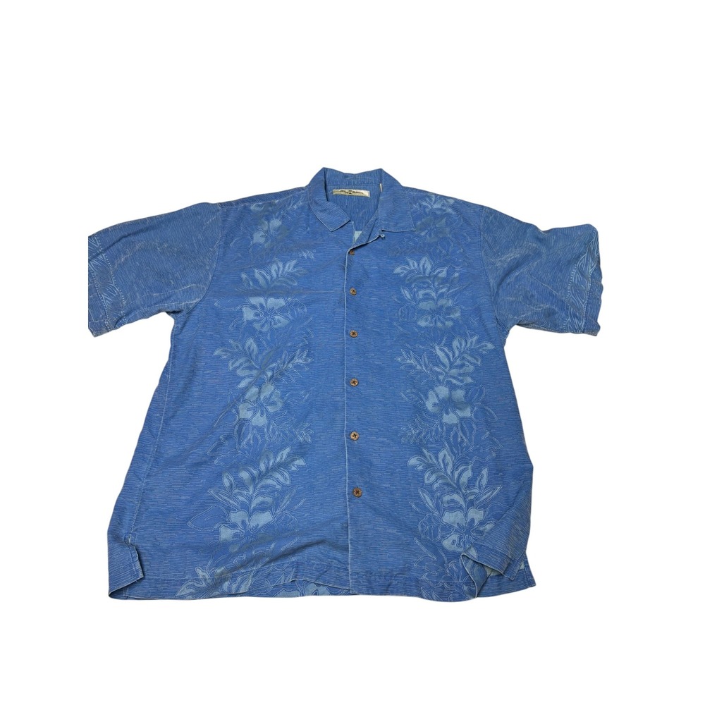 Tommy Bahama Mens L Blue 100% Silk Floral Tonal Print Camp Shirt Short Sleeve